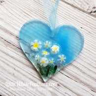 FUSED GLASS FLORAL HEART with Daisies
